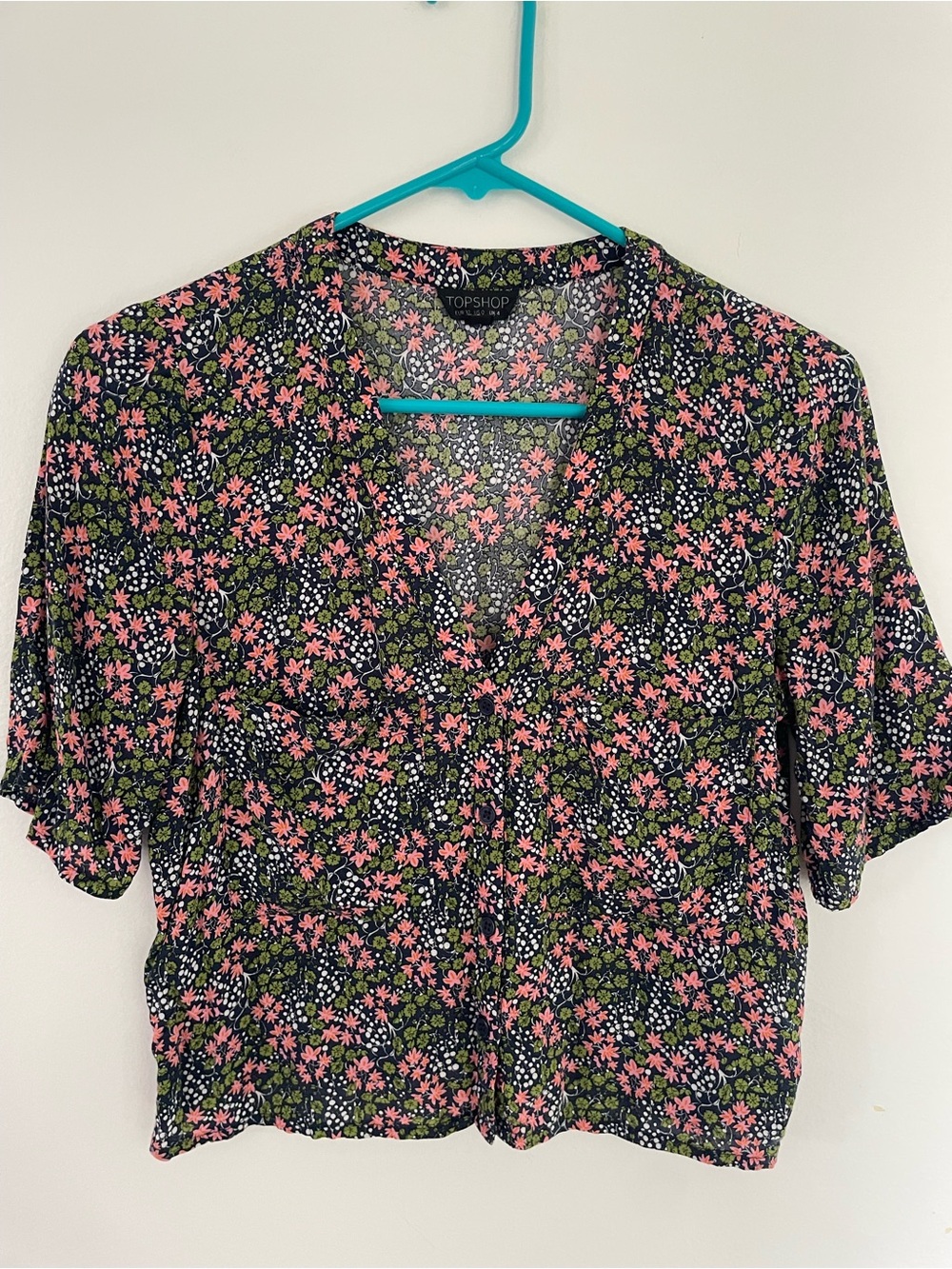 Topshop Black Floral V-Neck Cropped Blouse with Pink Flowers
